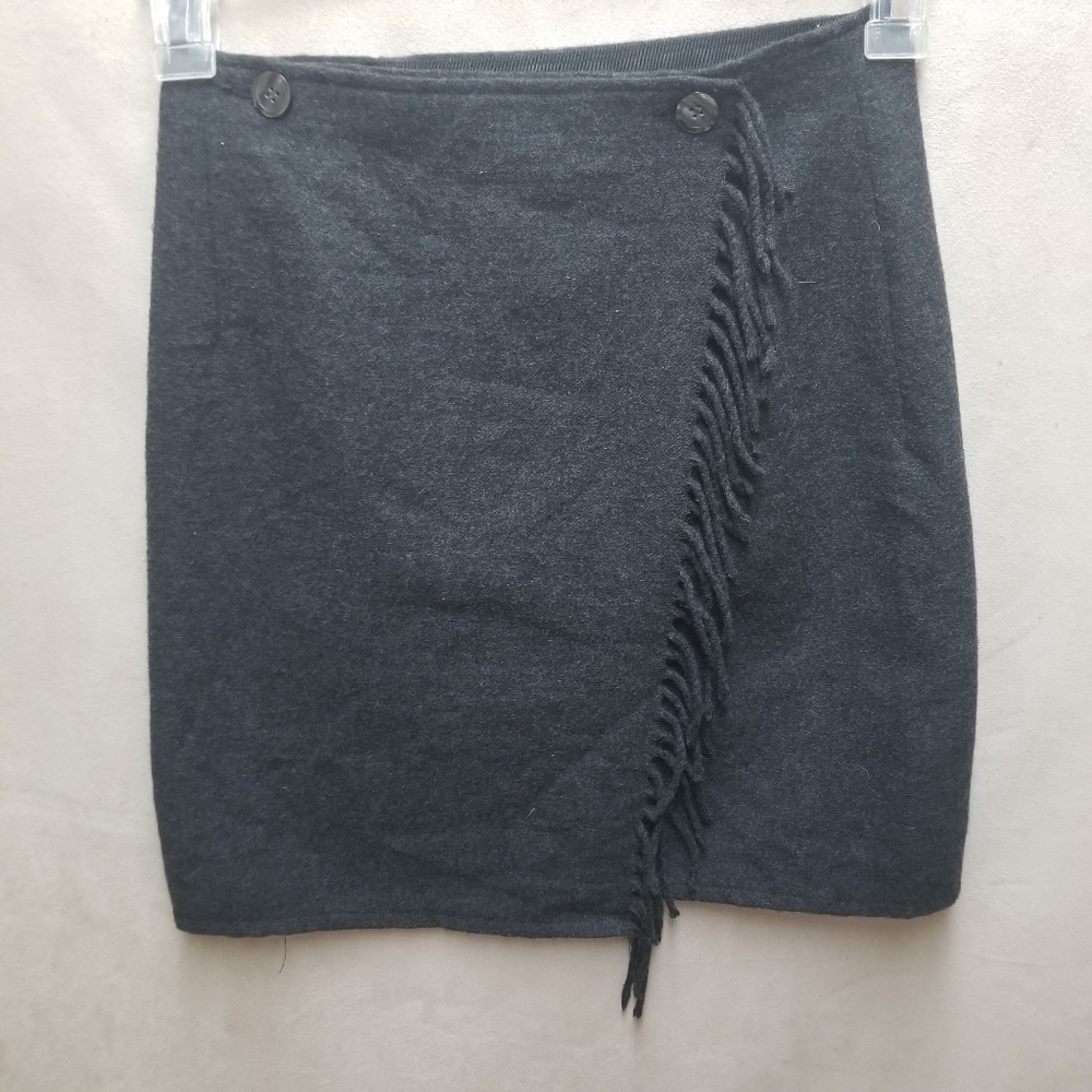 Vintage Eddie Bauer Gray Wool Wrap Mini Skirt Sz 6P Academia Fringe Preppy